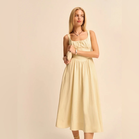 Reformation Balia Butter yellow linen Midi Dress - Picture 6 of 16